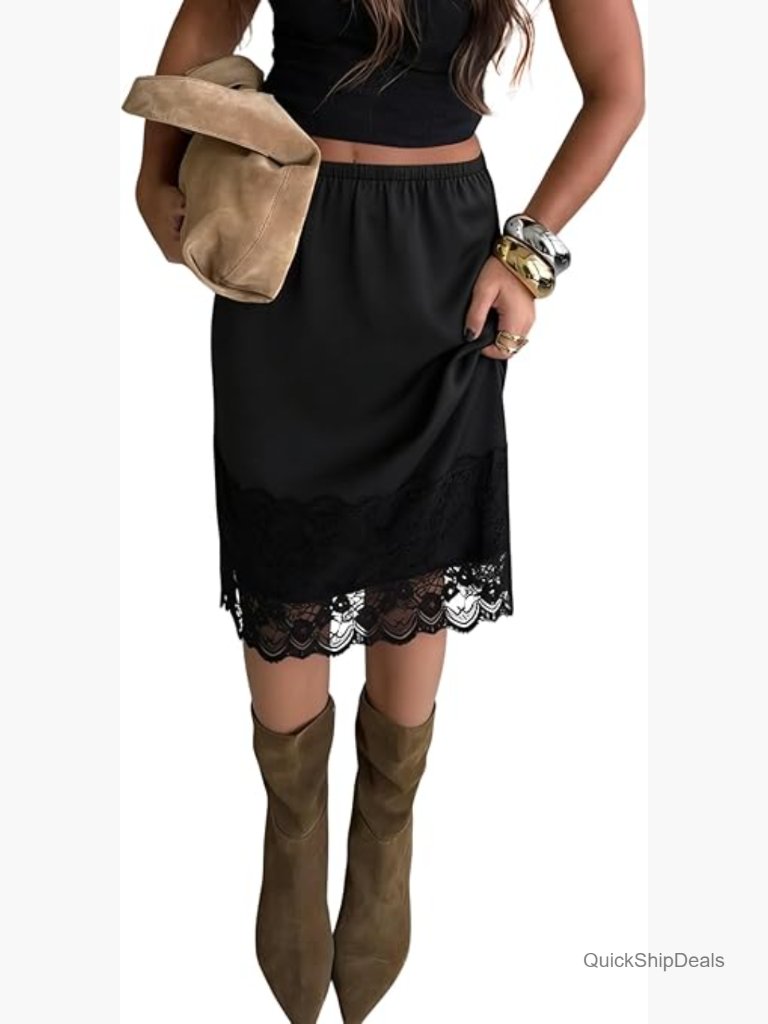 Satin Lace Trim Midi Skirt Flowy A-Line Knee Length Elastic Waist
